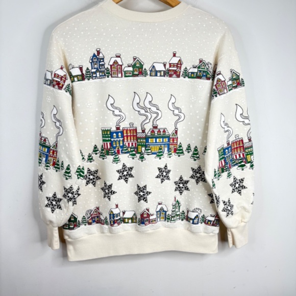 VTG 90s AOP Christmas Crewneck Sweatshirt L Granny Puff Paint Small Town Holiday - Picture 4 of 9